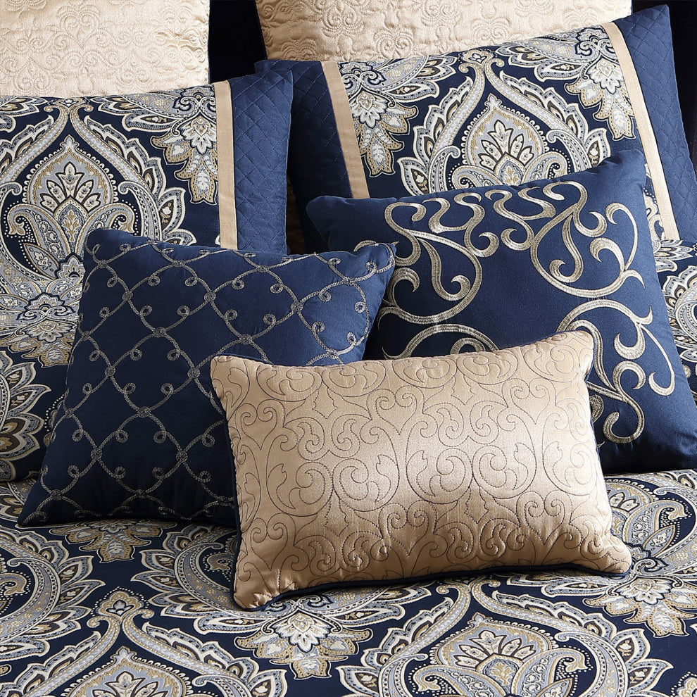 Benzara BM283873 Polyester Queen Comforter Set, Gold Damask Print, Navy Blue