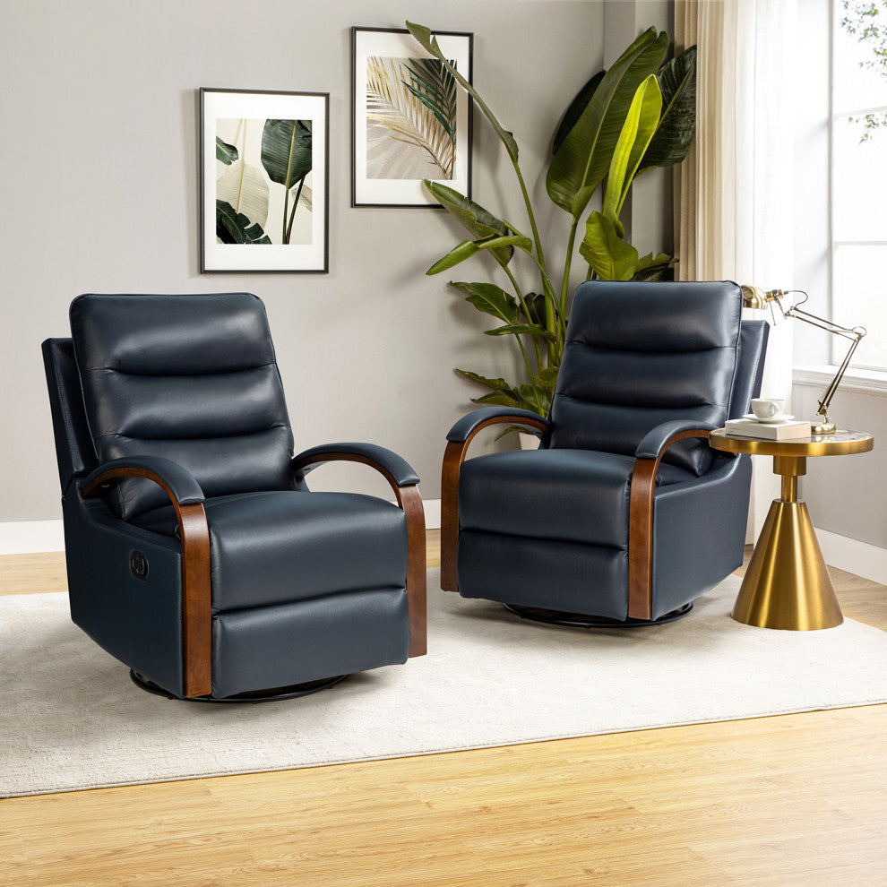 Konradin Genuine Leather Swivel Rocking Manual Recliner Set of 2, Navy