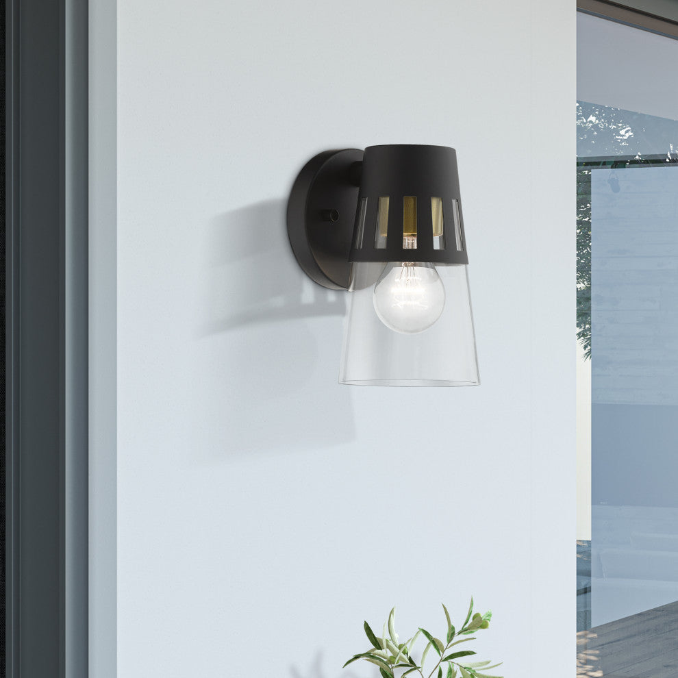 Covington 1-Light Black Outdoor Small Wall Lantern, Soft Gold Accents