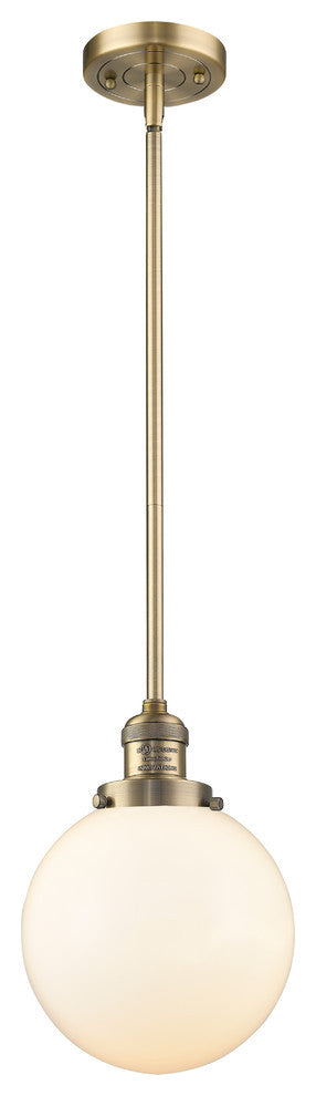 1-Light Beacon 8" Mini Pendant, Brushed Brass, Glass: Matte White Cased