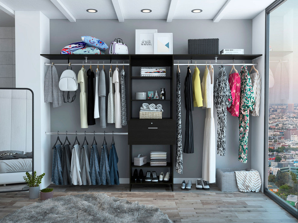 Broncos Closet with 3 Rods, 5 Shelves, and Drawer, Dark Walnut
