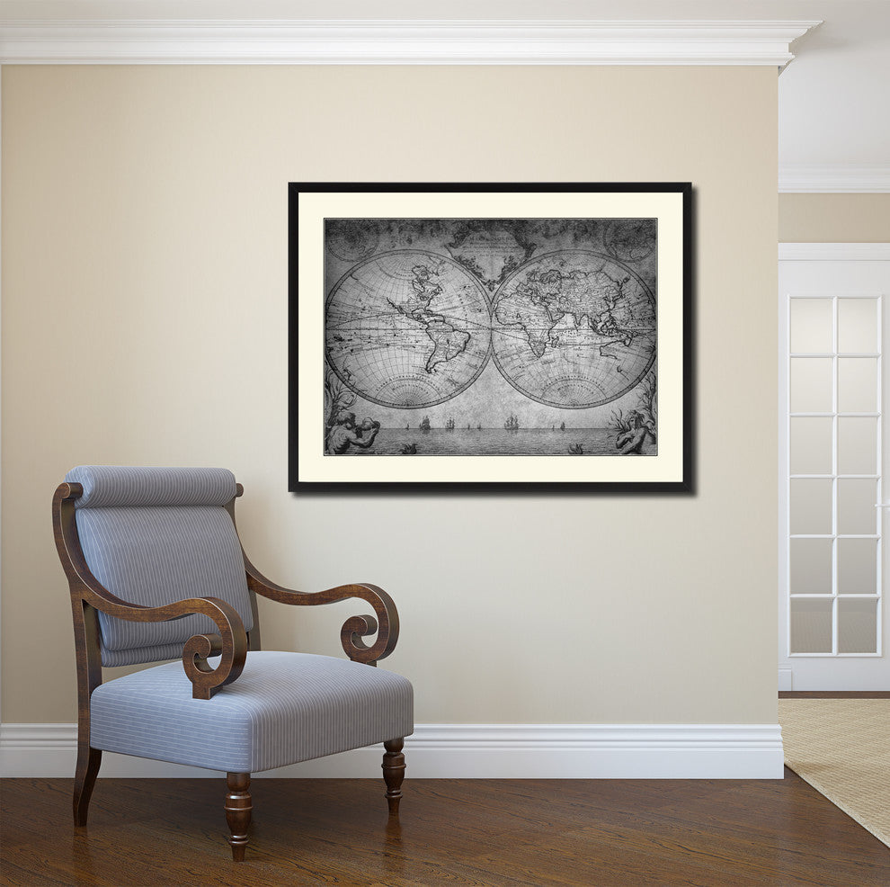 Vintage World Vintage Map Print On Canvas With Black Custom Frame, 28" X 37"