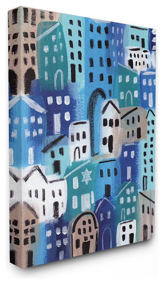 Painterly Blue Abstract Cityscape in Shades of Blue Canvas, 16"x20"
