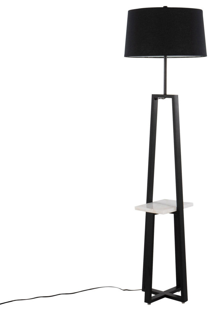Cosmo Shelf Floor Lamp, White Marble/Black Metal With Black Linen Shade