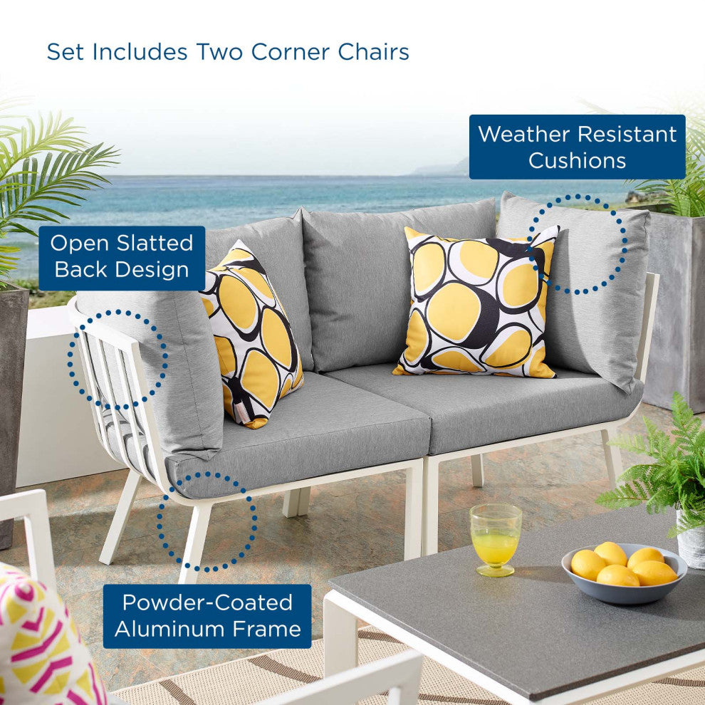 Lounge Loveseat Sofa, Aluminum, Metal, White Gray, Modern, Outdoor Patio