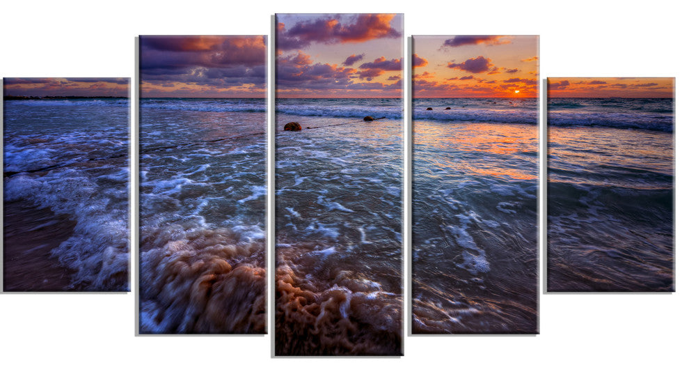 Cloudy Sky and Stormy Waves, Seashore Canvas Art Print, 60"x32", 5 Panels
