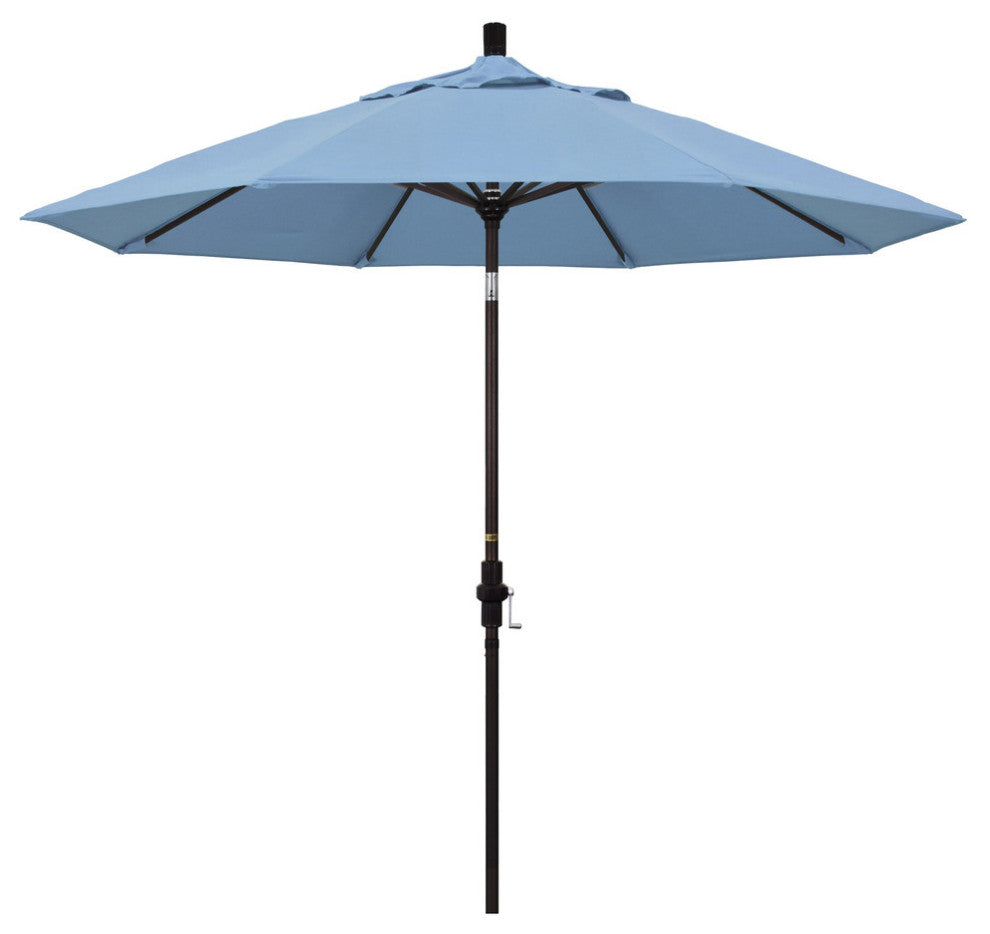 9' Bronze Collar Tilt Crank Lift Aluminum Umbrella, Sunbrella, Air Blue