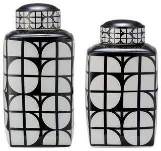 Ceramic 16"H Square Jar, Lid, Black/White