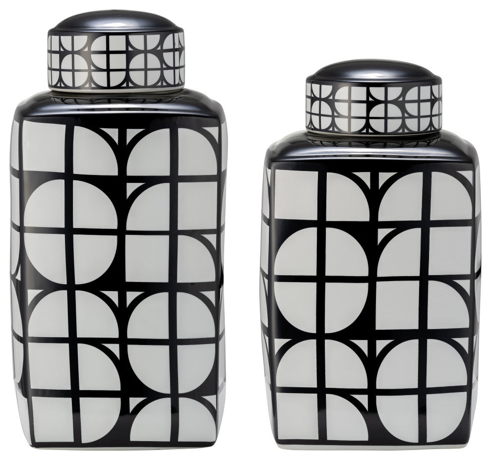 Ceramic 16"H Square Jar, Lid, Black/White