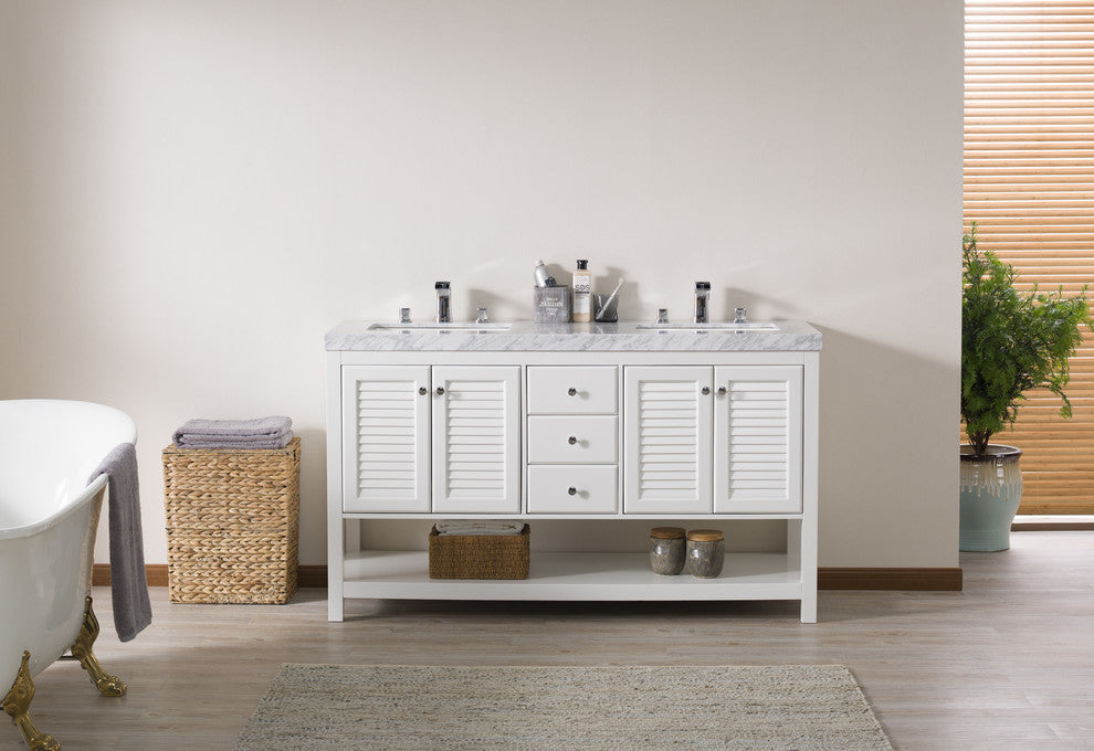 Stufurhome Luthor 60" White Double Sink Bathroom Vanity, Without Faucet