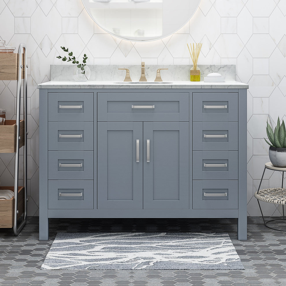 Grace Contemporary 48" Wood Single Sink Bathroom Vanity With Marble Counter Top, Gray