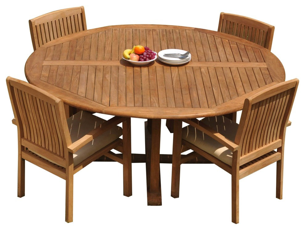5-Piece Outdoor Teak Dining Set: 72" Round Table, 4 Wave Stacking Arm Chairs
