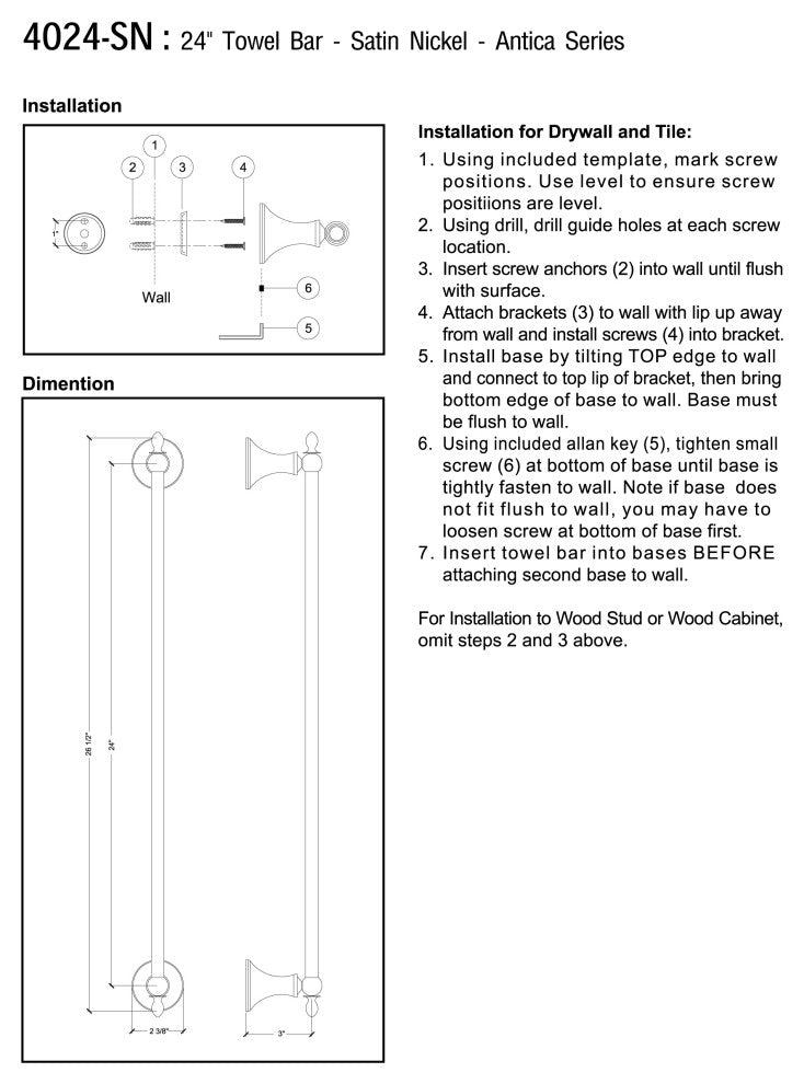 MODONA's 24" Towel Bar Antica Series -, Satin Nickel