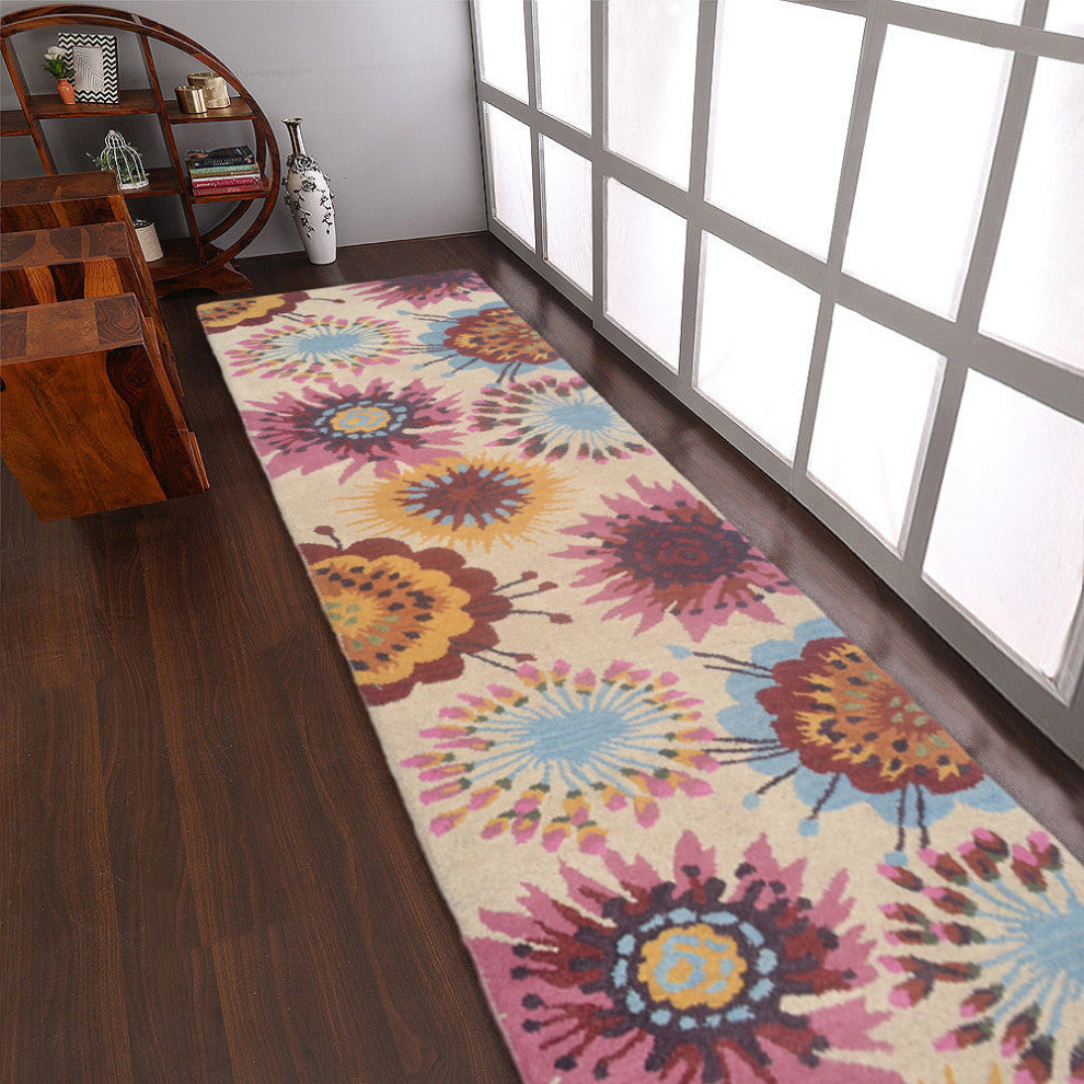 HAND TUFTED WOOL ECO-FRIENDLY AREA RUGS- Runner,Cream,Floral