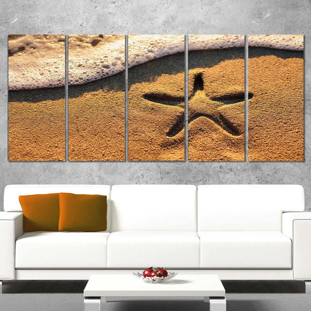 Starfish on Beach with Waves, Large Beach Canvas Wall Art, 60"x28", 5 Panels