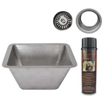 15" Square Hammered Copper Bar/Prep Sink, Nickel, 3.5" Drain Opening