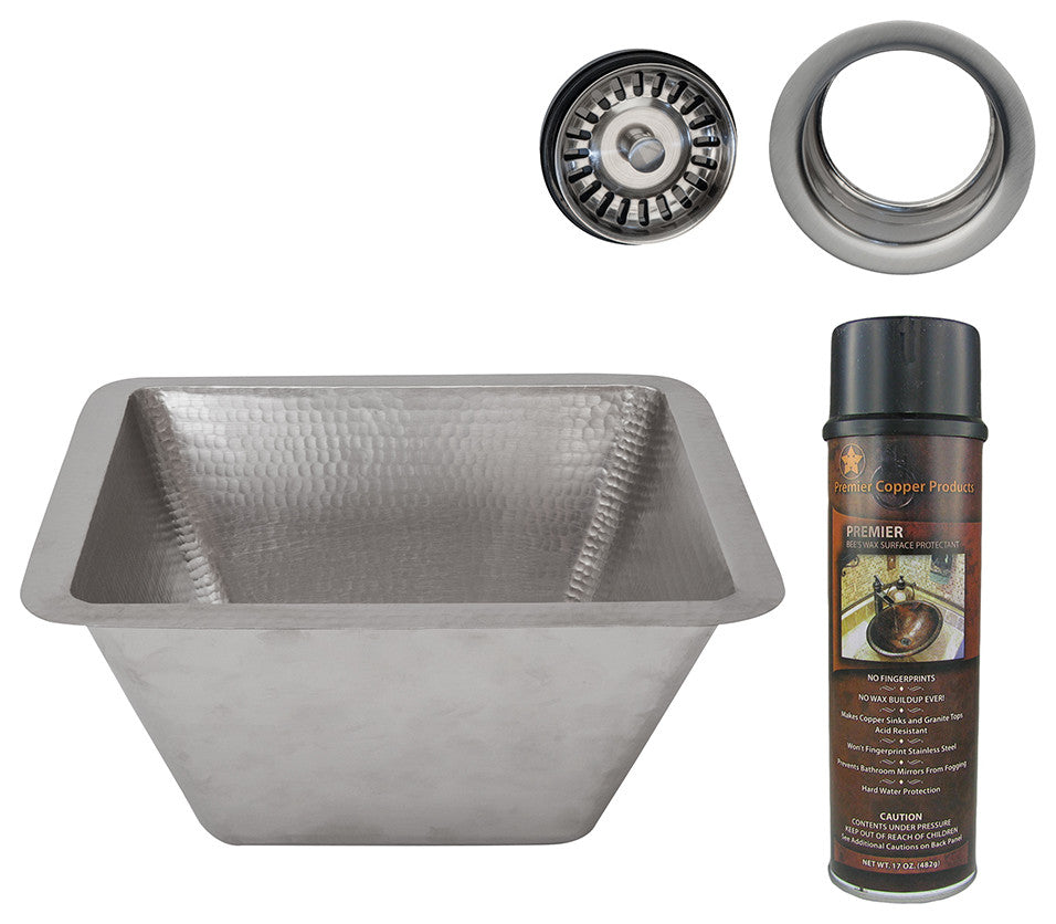 15" Square Hammered Copper Bar/Prep Sink, Nickel, 3.5" Drain Opening