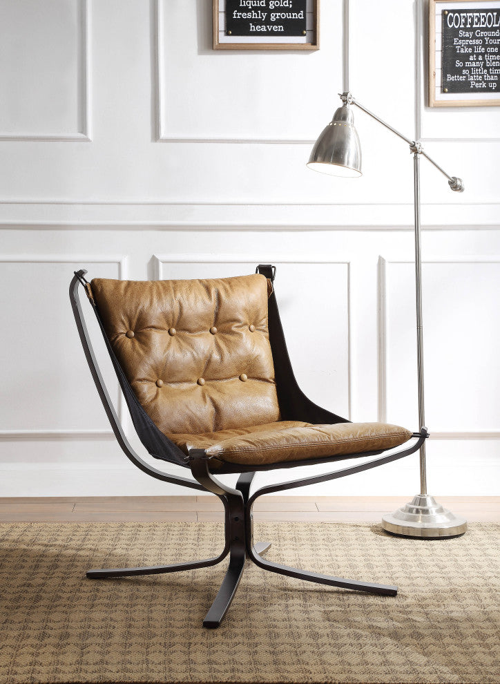 ACME Carney Button Tufted Top Grain Leather Upholstery Accent Chair in Coffee