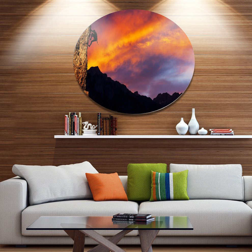 Climber On Sunset Background, Landscape Round Wall Art, 23"