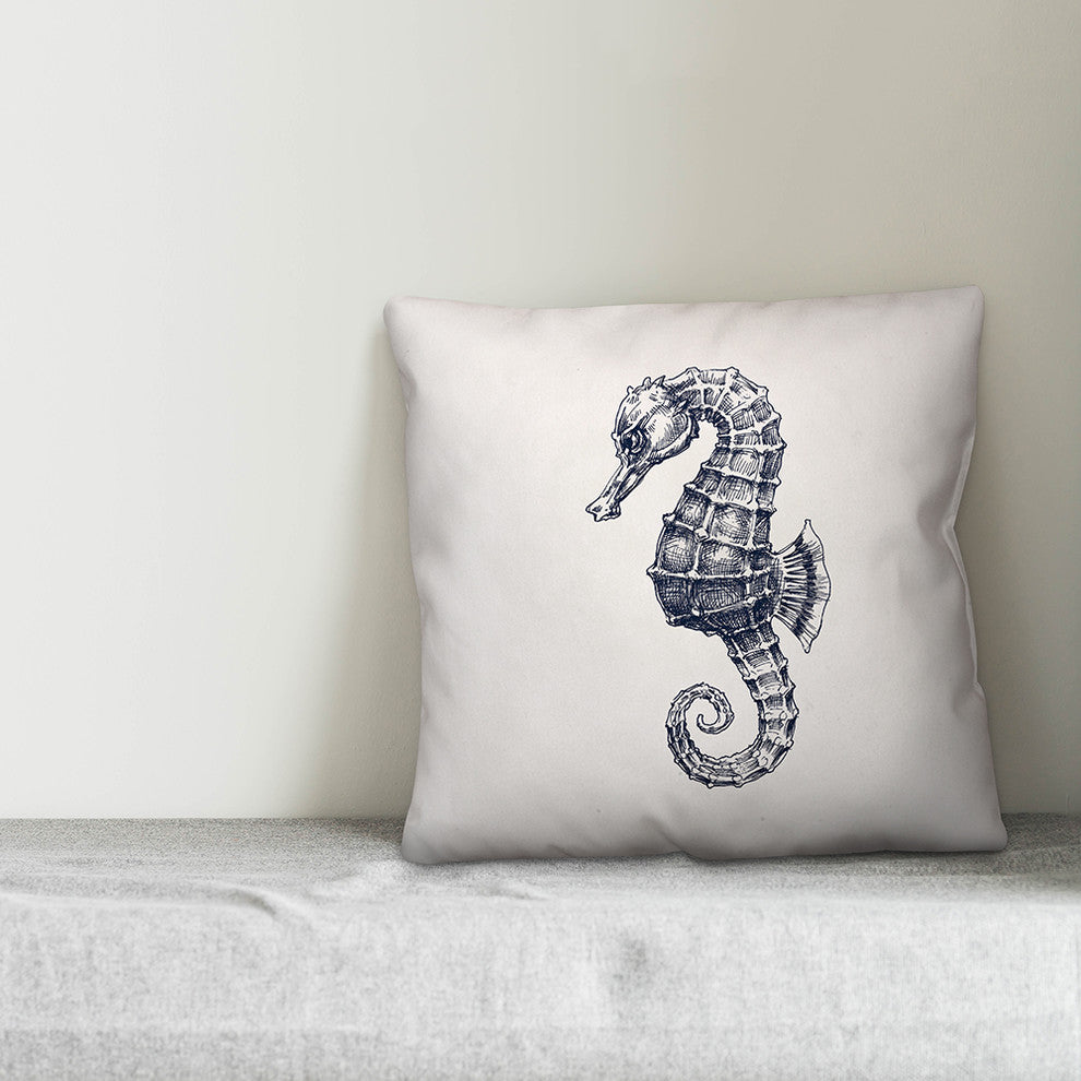 Navy Sketched Seahorse 18x18 Throw Pillow