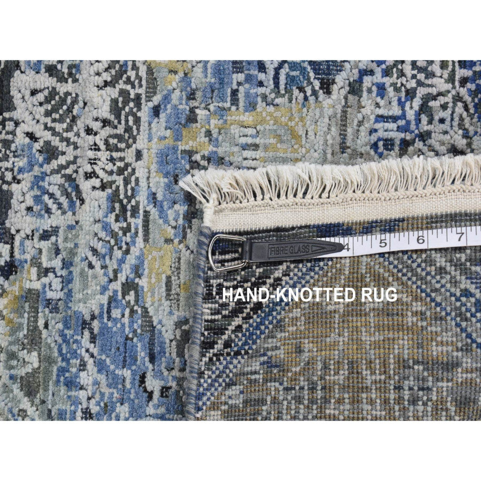 Steel Blue Broken and Erased Silk With Wool Hand Knotted Runner Rug 2'7"x8'3"