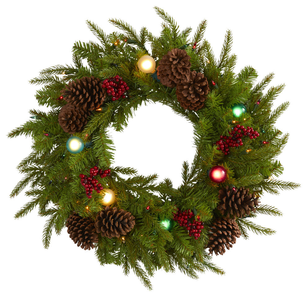 24" Xmas Faux Wreath W/ 50 Multicolor Lights, 7 Globe Bulbs, Berries & Pinecones
