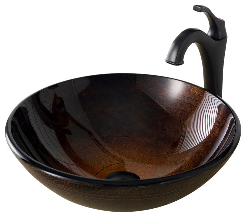 Glass Vessel Sink, Bathroom Arlo Faucet, PU Drain, Mounting Ring, Oil Rub Bronze