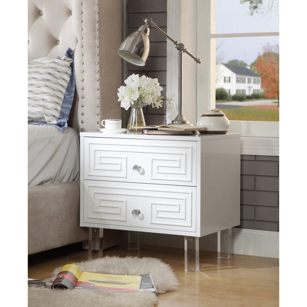 Shirin Greek Key Lacquer-Finish Lucite Leg Side Table, White