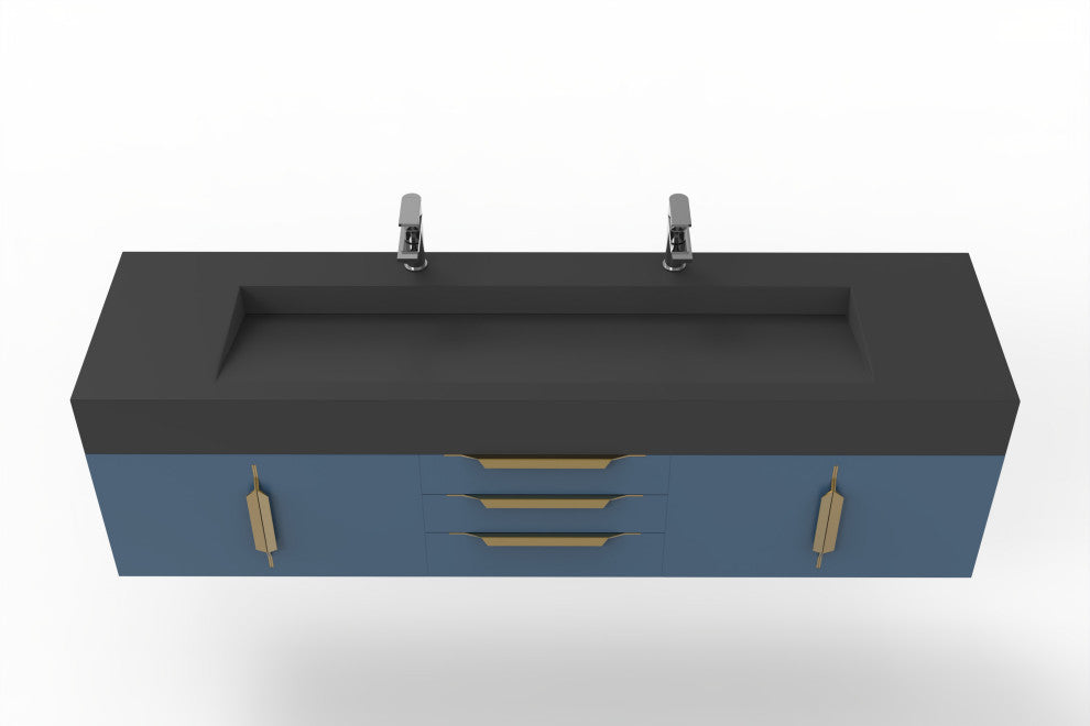 CastelloUSA Nile 72" Wall Mounted Bathroom Vanity Set, Blue, Black Top, Gold Handles