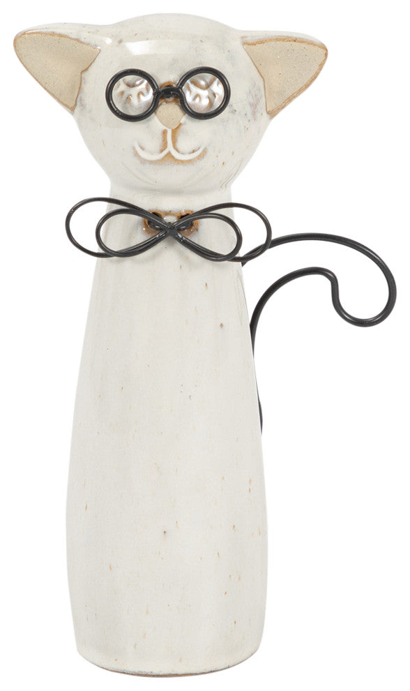 Ceramic 7"H Cat With Glasses, Beige