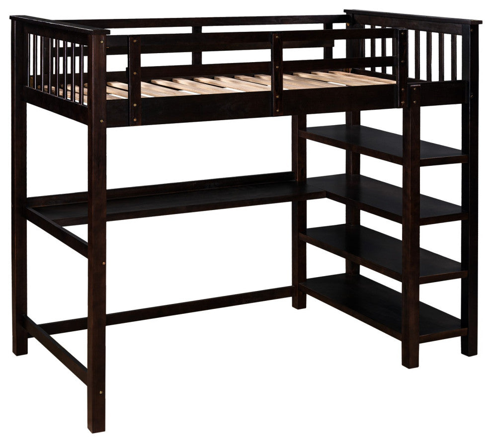 Espresso Twin Size Wood Loft Bed With Storage Shelves and Desk