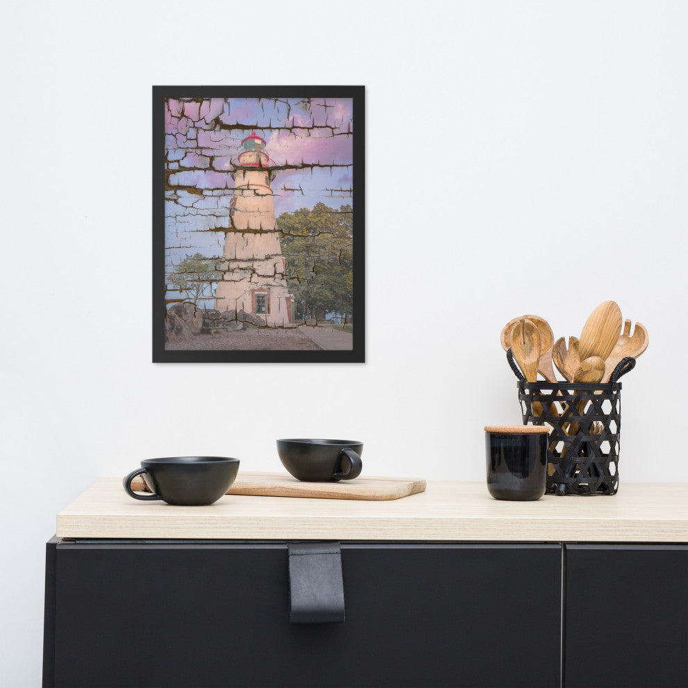 Faux Wood Texture Marblehead Lighthouse at Sunset Framed Photo Wall Art Print, Black, 12" X 16"