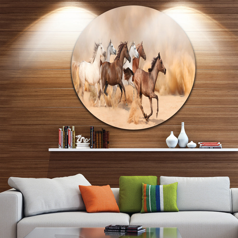 Herd Gallops In Sand Storm, Photography Disc Metal Artwork, 23"