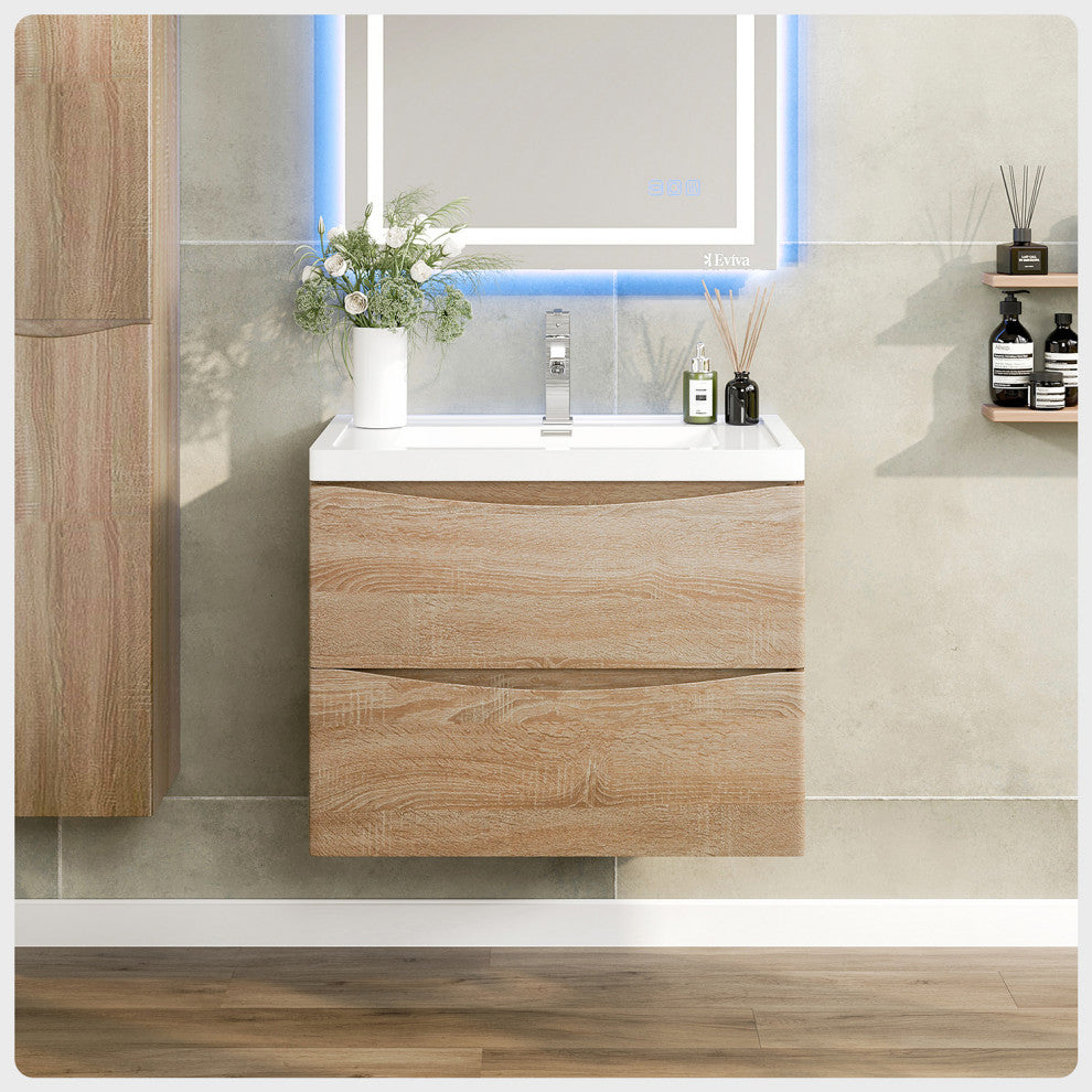 Eviva Smile 30" White Oak Wall Mount Modern Bathroom Vanity White Acrylic Sink