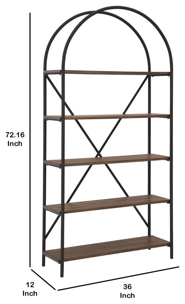 Benzara BM232963 Tubular Framed Bookcase With 5 open Shelves, Brown and Black