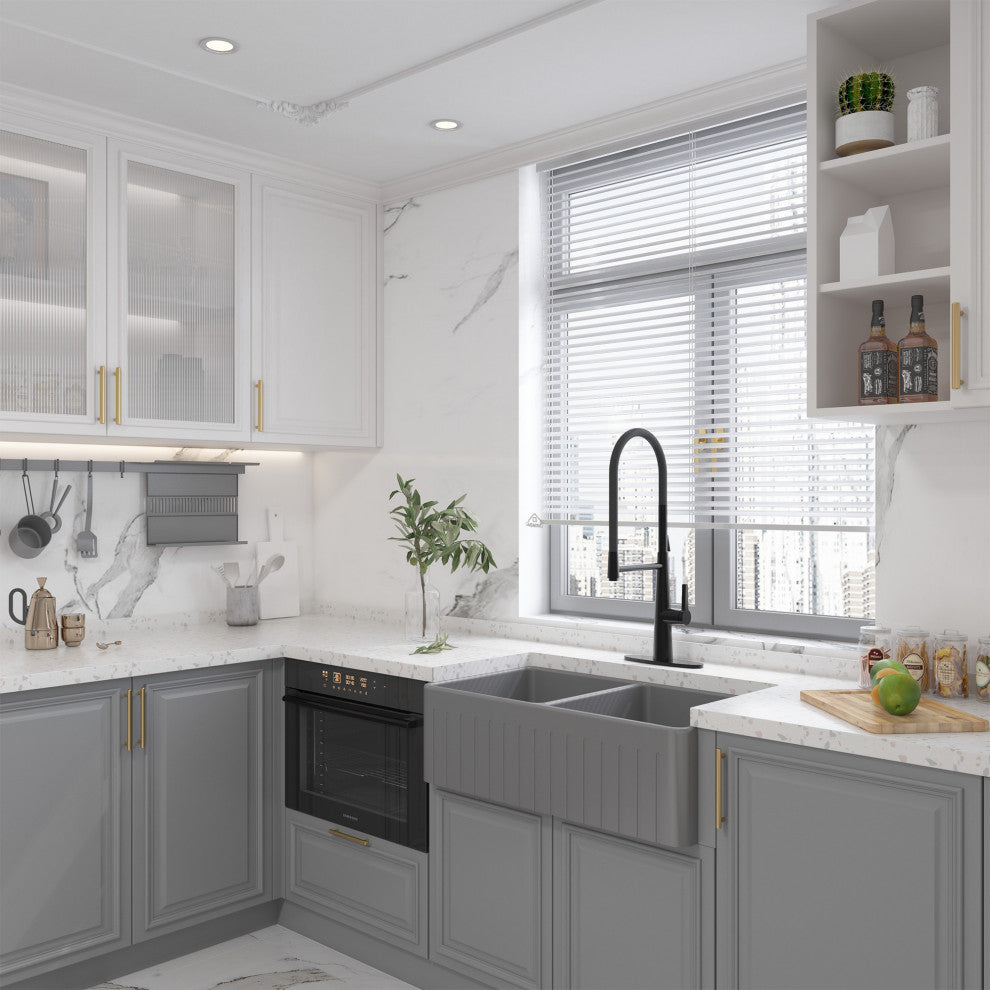33in Double Bowl Fireclay Farmhouse Apron Kitchen Sink with Striped Design, Matte Gray