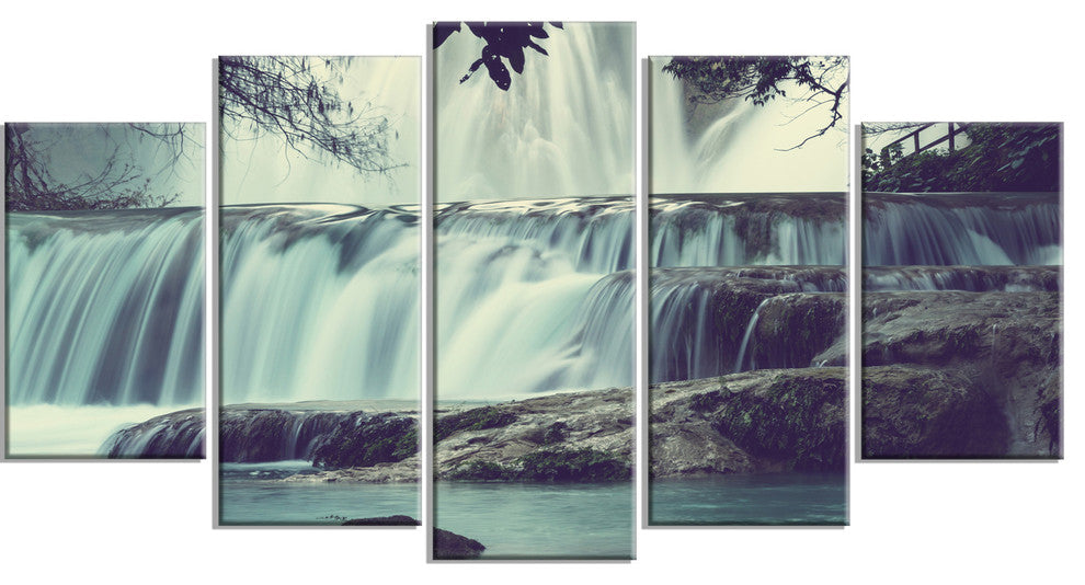 Amazing Waterfall in Mexico, Landscape Canvas Art Print, 60"x32", 5 Panels