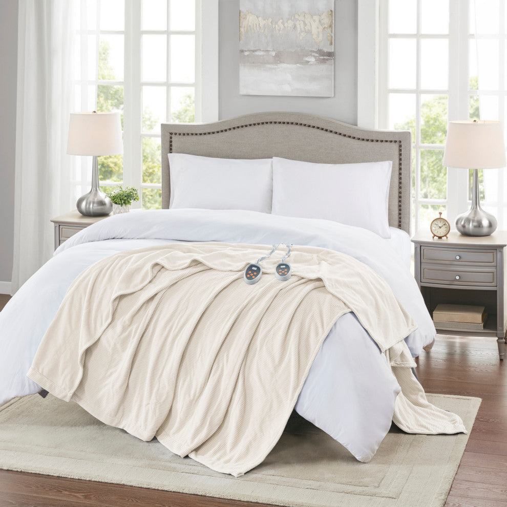 Beautyrest Knitted Micro Fleece Solid Textured Heated Blanket, Ivory, Twin