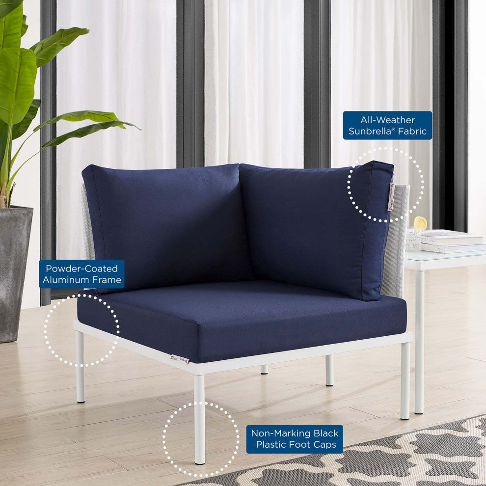 Sofa Corner Chair, Sunbrella, Aluminum, Metal, White Blue Navy, Modern, Outdoor