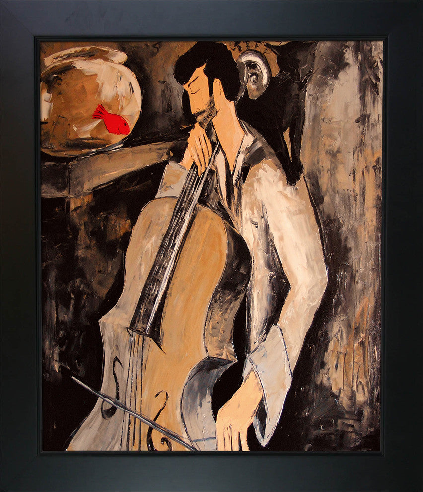 Cellist with goldfish and black cat