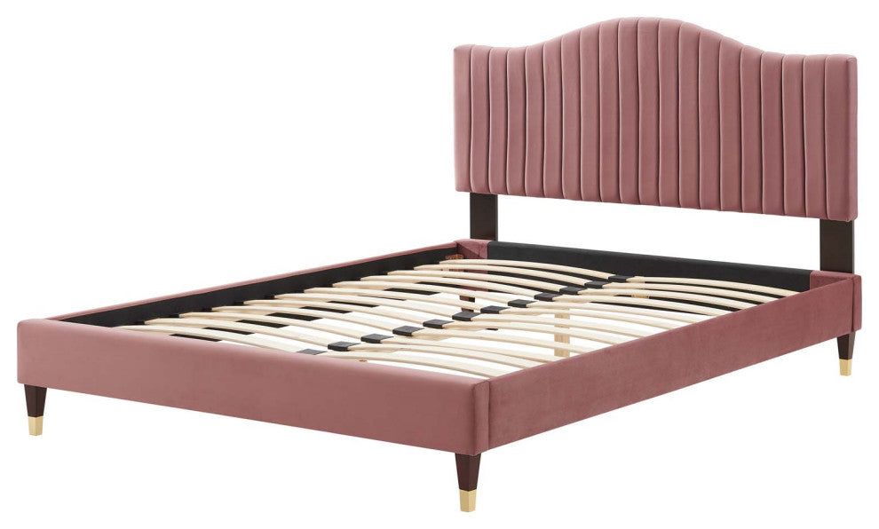 Tufted Platform Bed Frame, Full Size, Velvet, Pink, Modern Contemporary, Bedroom