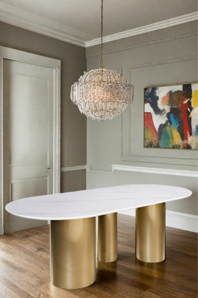 Balmain Stone Top Oval Dining Table for 6, Gold and White