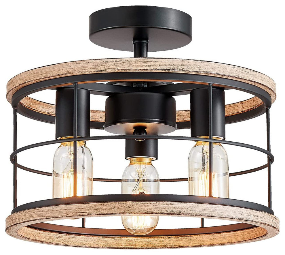 3 Light Industrial Semi Flush Mount Ceiling Lamp Vintage Farmhouse Wood Cage