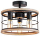 3 Light Industrial Semi Flush Mount Ceiling Lamp Vintage Farmhouse Wood Cage