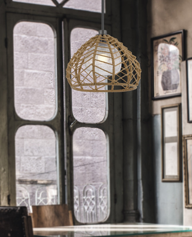 Dunn 60W metal pendant With burlap roped shade