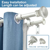 Fluted Ball Adjustable Double Curtain Rod Set, 5/8", Pewter, 48"-84"