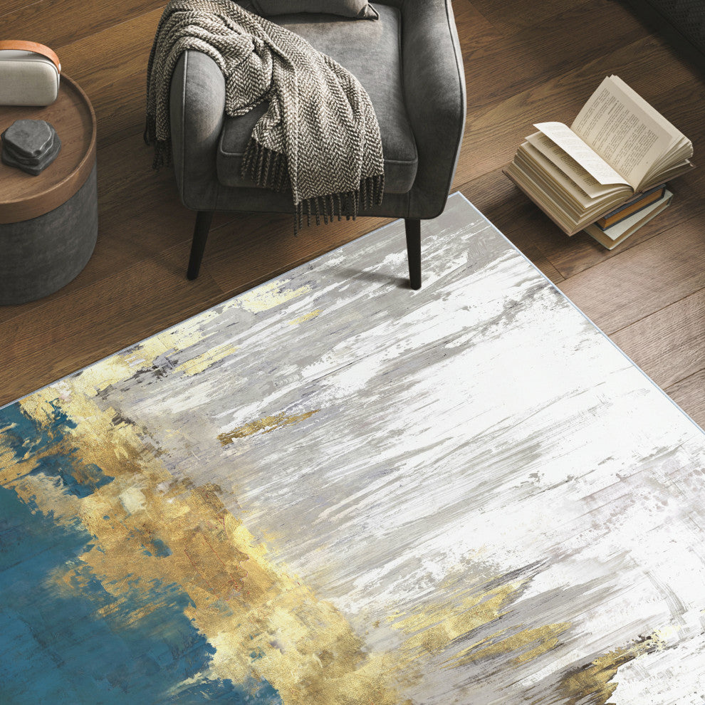 Golden Blue Horizons Abstract Art Area Rug, 5'x7.5'
