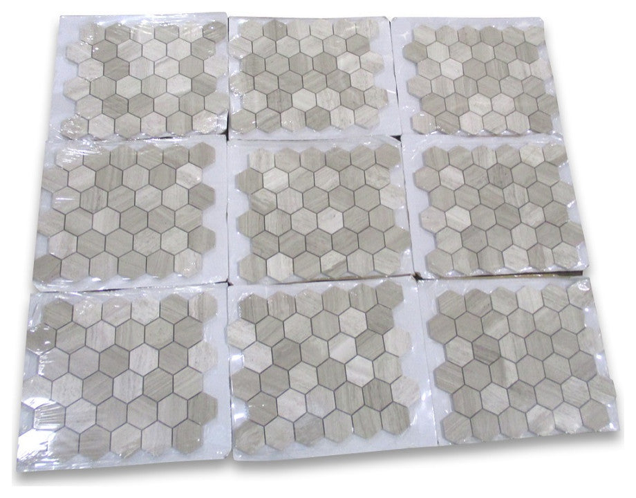 2" Hexagon Athens Silver Cream Haisa Marble Wooden Beige Tile Polished, 1 sheet
