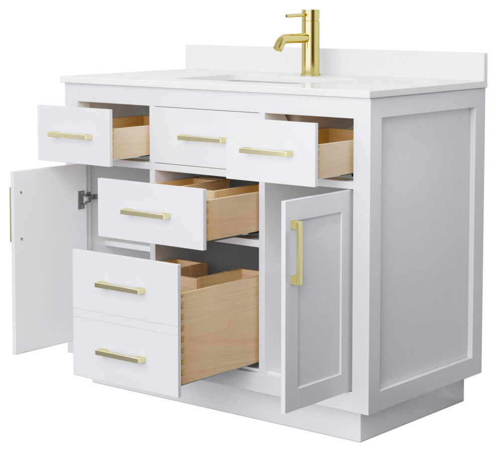 Beckett TK 42" White Single Vanity, White Quartz Top, 1-Hole, Gold Trim