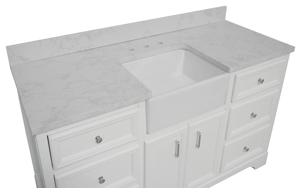 Zelda 60" Bathroom Vanity, White, Engineered Carrara, Single